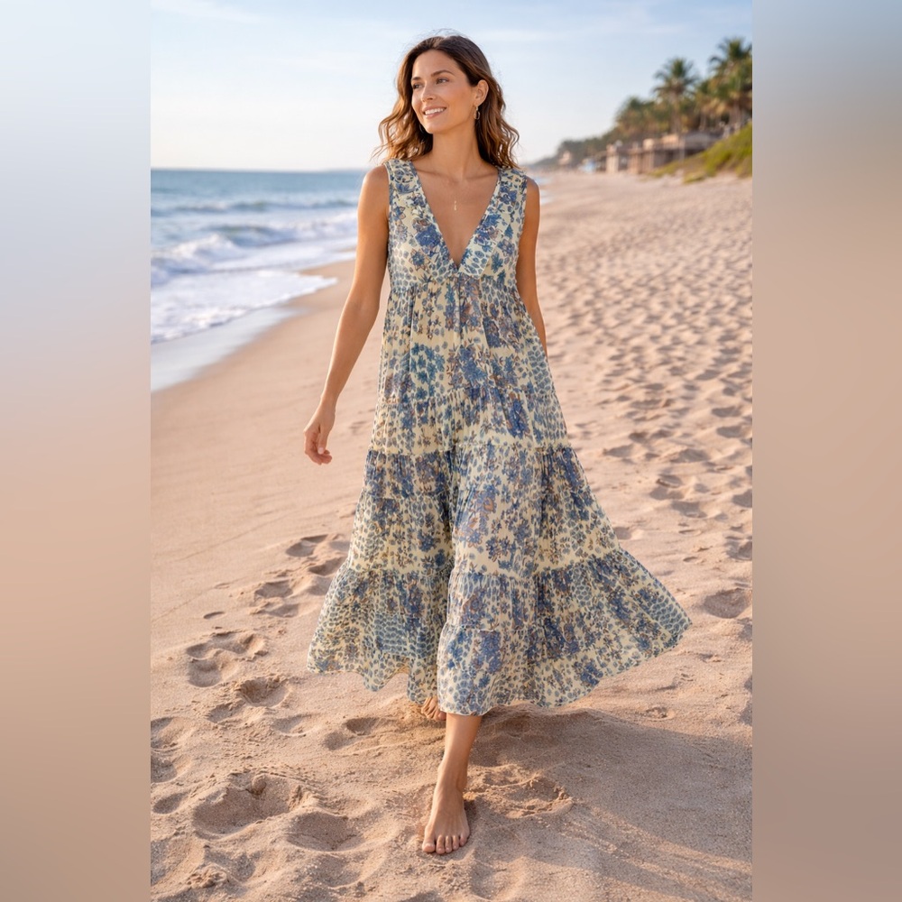 Guadalupe Floral Maxi Ruffle Tiered Dress 100% Cotton Made in India